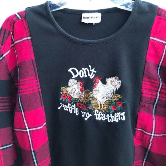 Upcycled Flannel Tee, Size S-M: Reworked Oversized Chickens Graphic Pullover - Picture 4 of 11